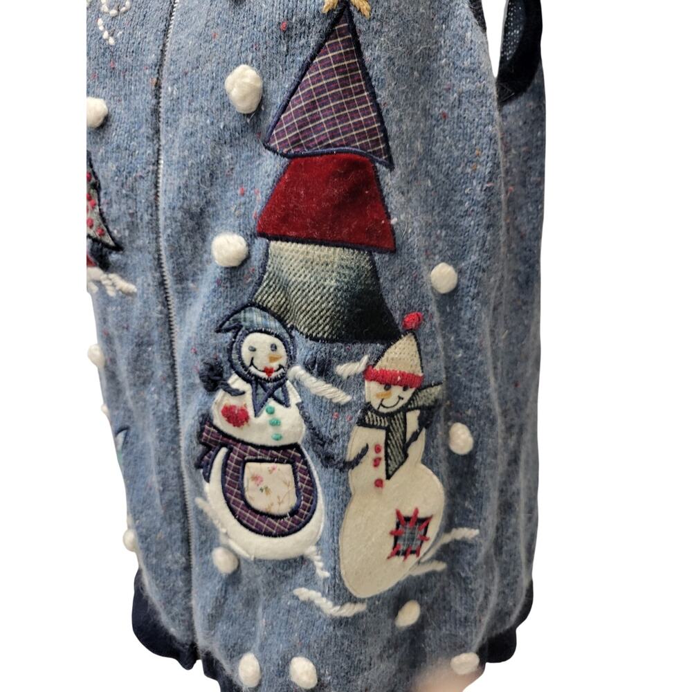 VTG Christmas Sweater Vest Womens SZ S VICTORIA JONES Embroidered UGLY Zip Blue - Picture 3 of 7
